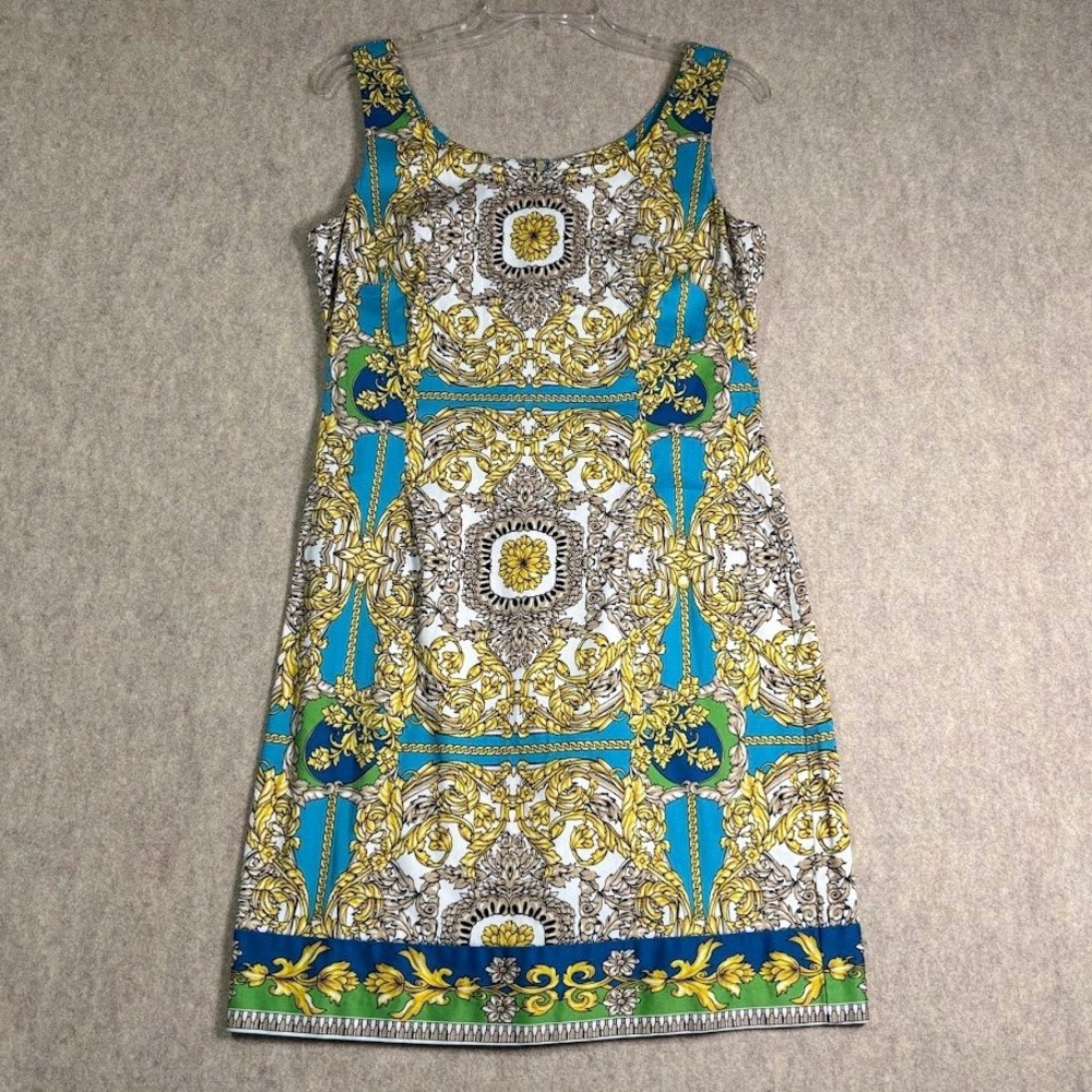 Laundry by Design Dress Womens 6 Blue Gold Cotton Baroque Chain Print Shift Chic